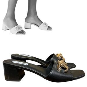 Steve Madden  Womens‎ 10 Black Leather Santana Square Toe Block Heels Gold